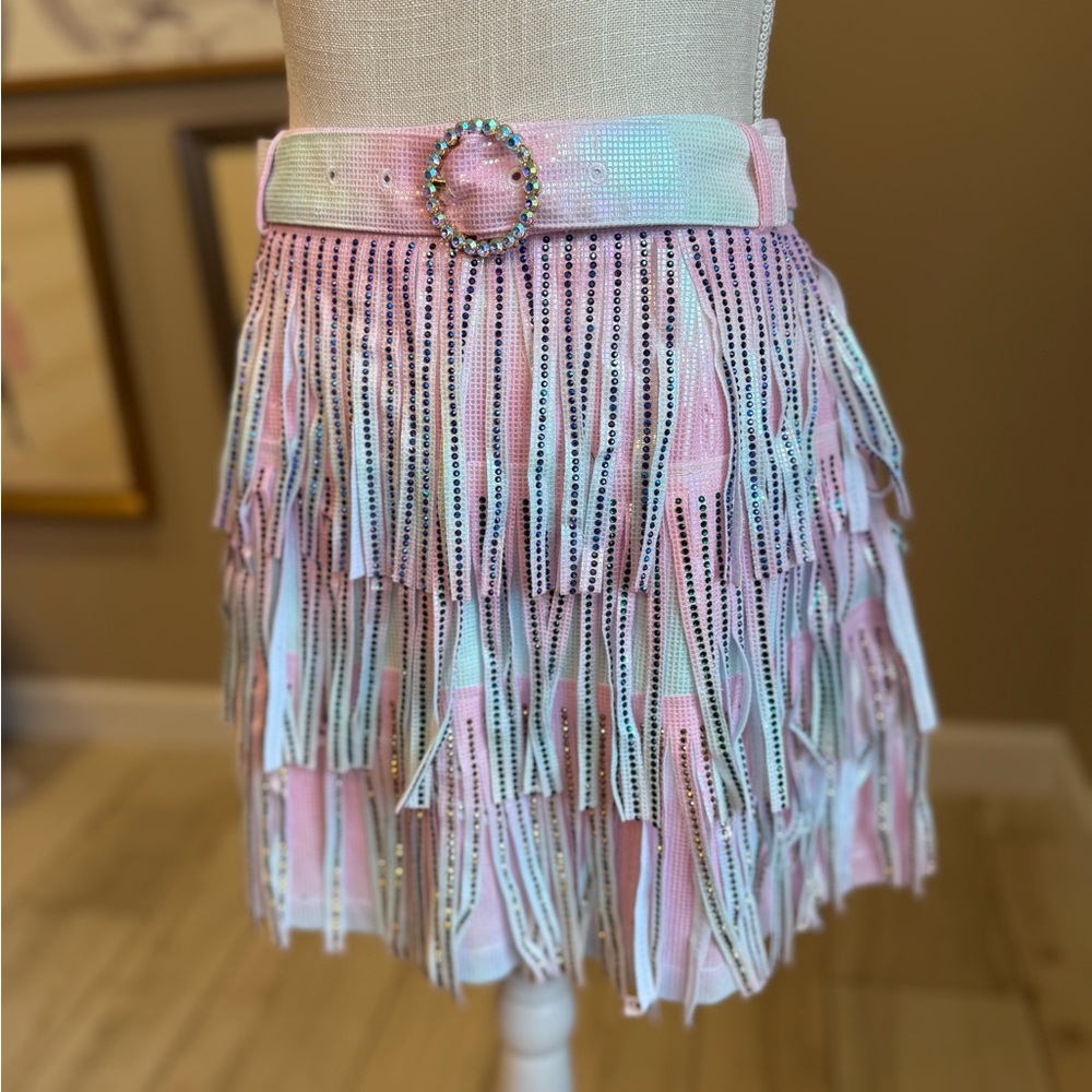 New! QUEEN OF SPARKLES Rhinestone Leather Fringe Pastel Mini Skirt